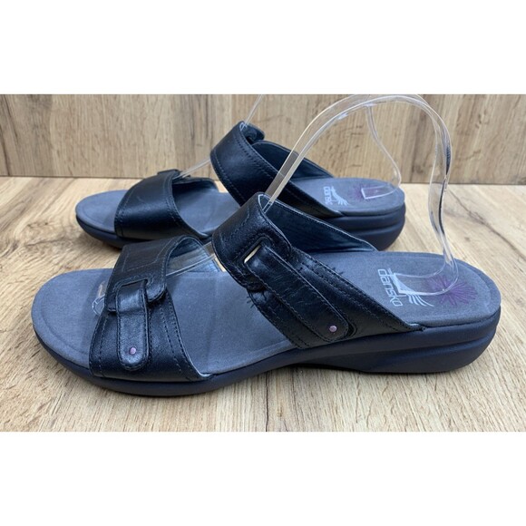 Dansko Leather Wedge Sandals Size 42 Euro 10.5 US Black Double Strap Adjustable - Picture 3 of 16